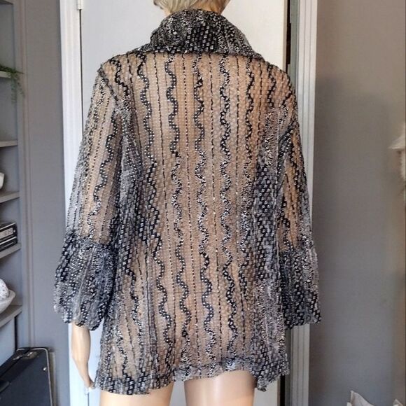 Damee Inc. Women's Size XL Sheer Black Button Up Textured Jacket Blouse - Picture 2 of 16